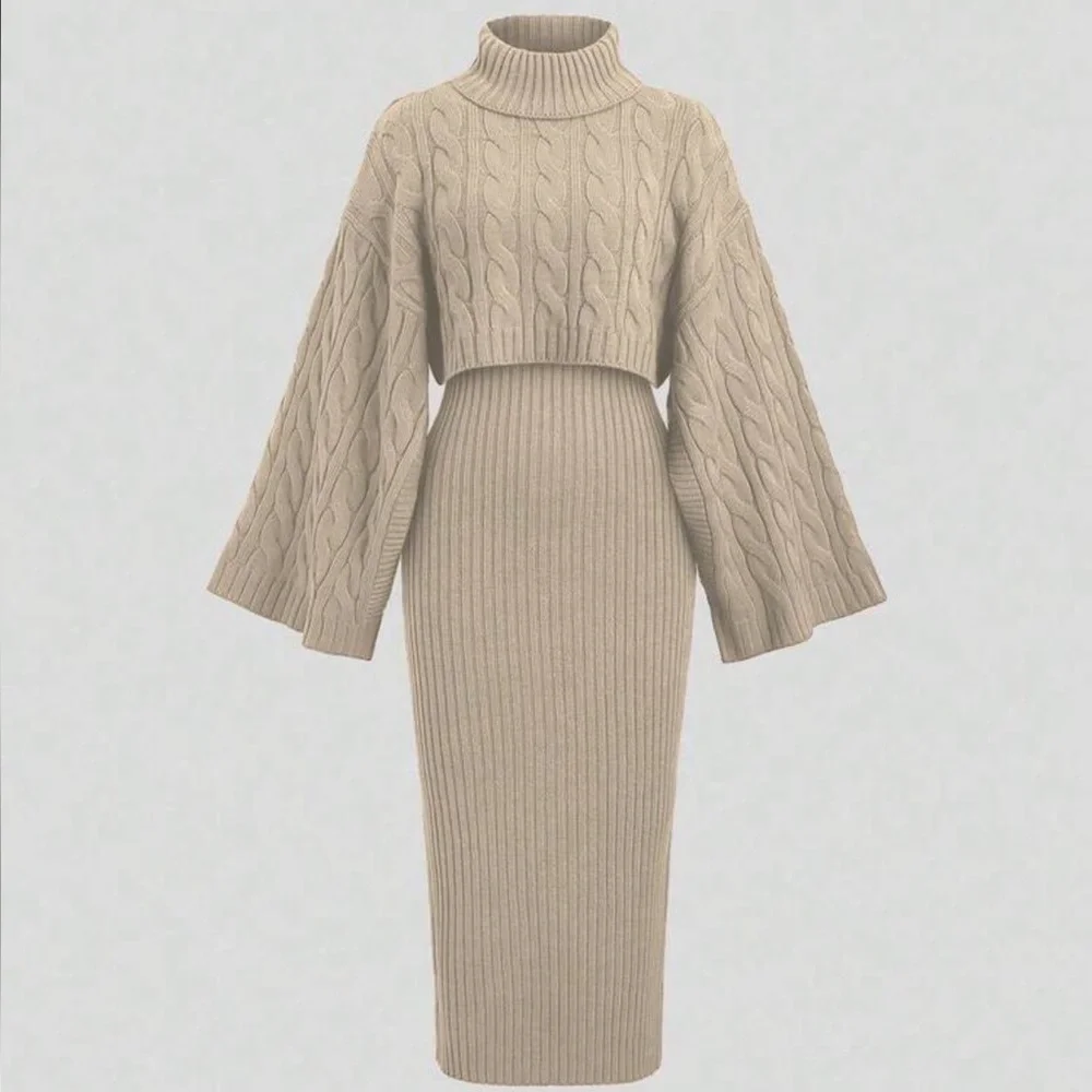 Sweater cable knit dress and turtleneck 2PC SET Beige KHAKI Knit Sweater Dress - Picture 1 of 3